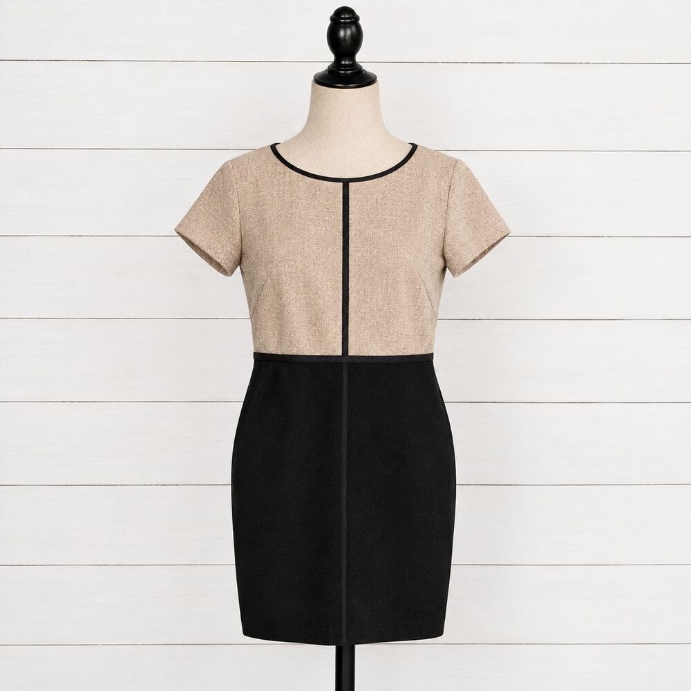 Ann Taylor Loft Black Ivory Short Sleeve Dress Size 10 Knit Sheath Career Casual